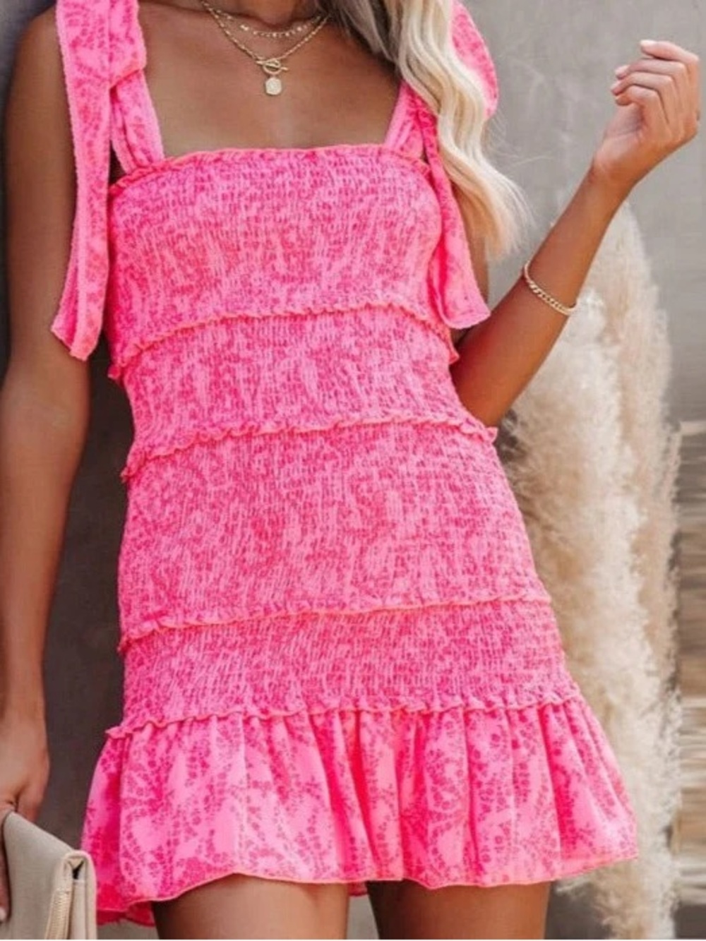 SHEIN preppy pink floral mini dress with ruffles and tie straps